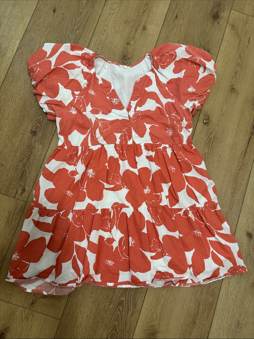 Womans Coral and White Floral Puff-Sleeve Dress